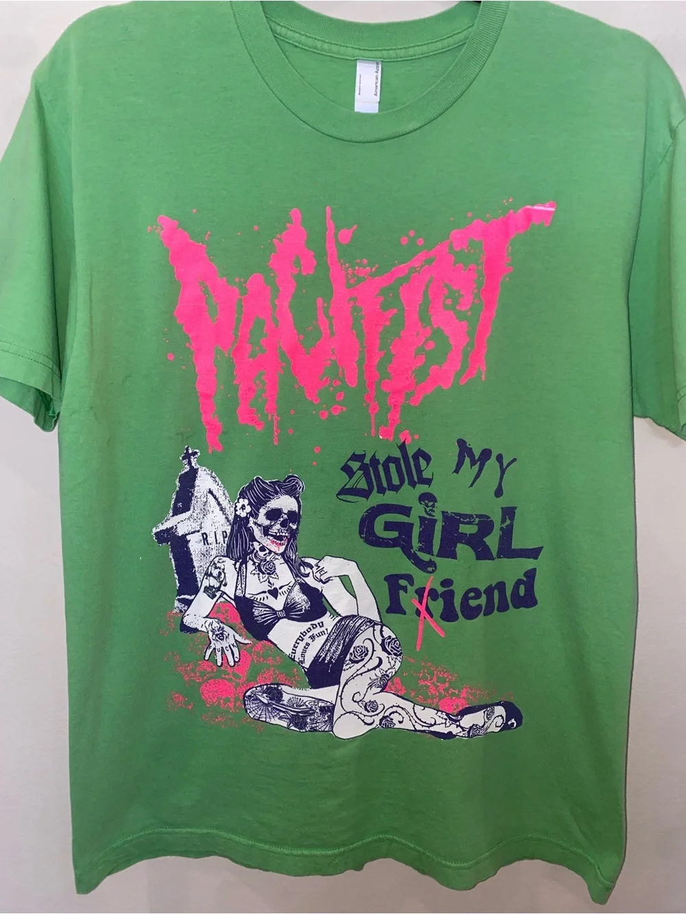 Metal Pacifist Band Green Graphic Tee with Tattooed Pinup Girl